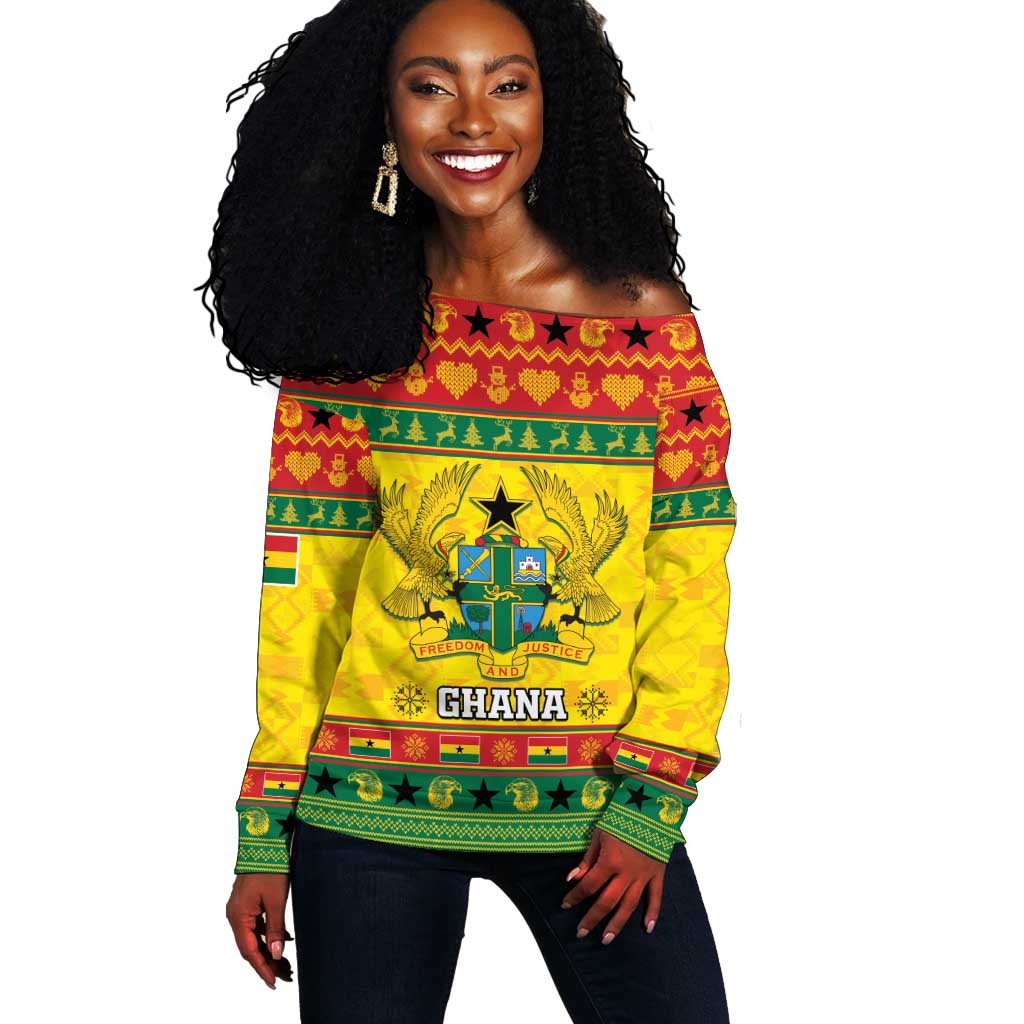 Afro Ghana Christmas Off Shoulder Sweater Coat Of Arms - Kente Pattern