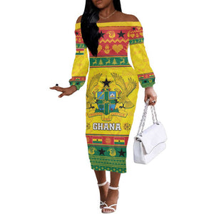 Afro Ghana Christmas Off The Shoulder Long Sleeve Dress Coat Of Arms - Kente Pattern