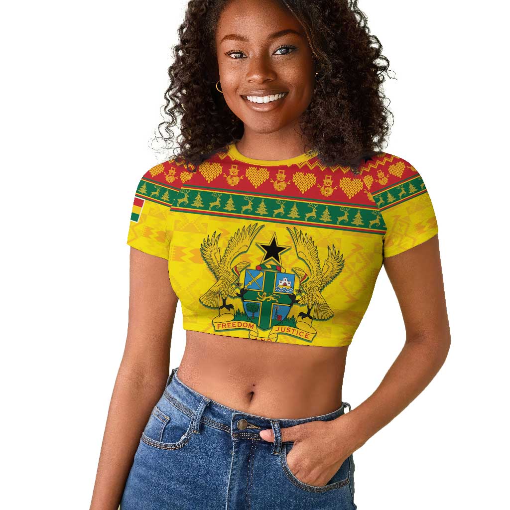 Afro Ghana Christmas Raglan Cropped T shirt Coat Of Arms - Kente Pattern