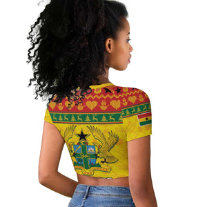 Afro Ghana Christmas Raglan Cropped T shirt Coat Of Arms - Kente Pattern