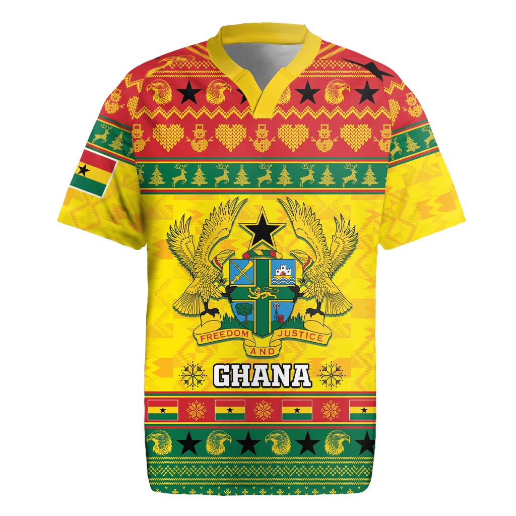 Afro Ghana Christmas Rugby Jersey Coat Of Arms - Kente Pattern