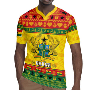 Afro Ghana Christmas Rugby Jersey Coat Of Arms - Kente Pattern