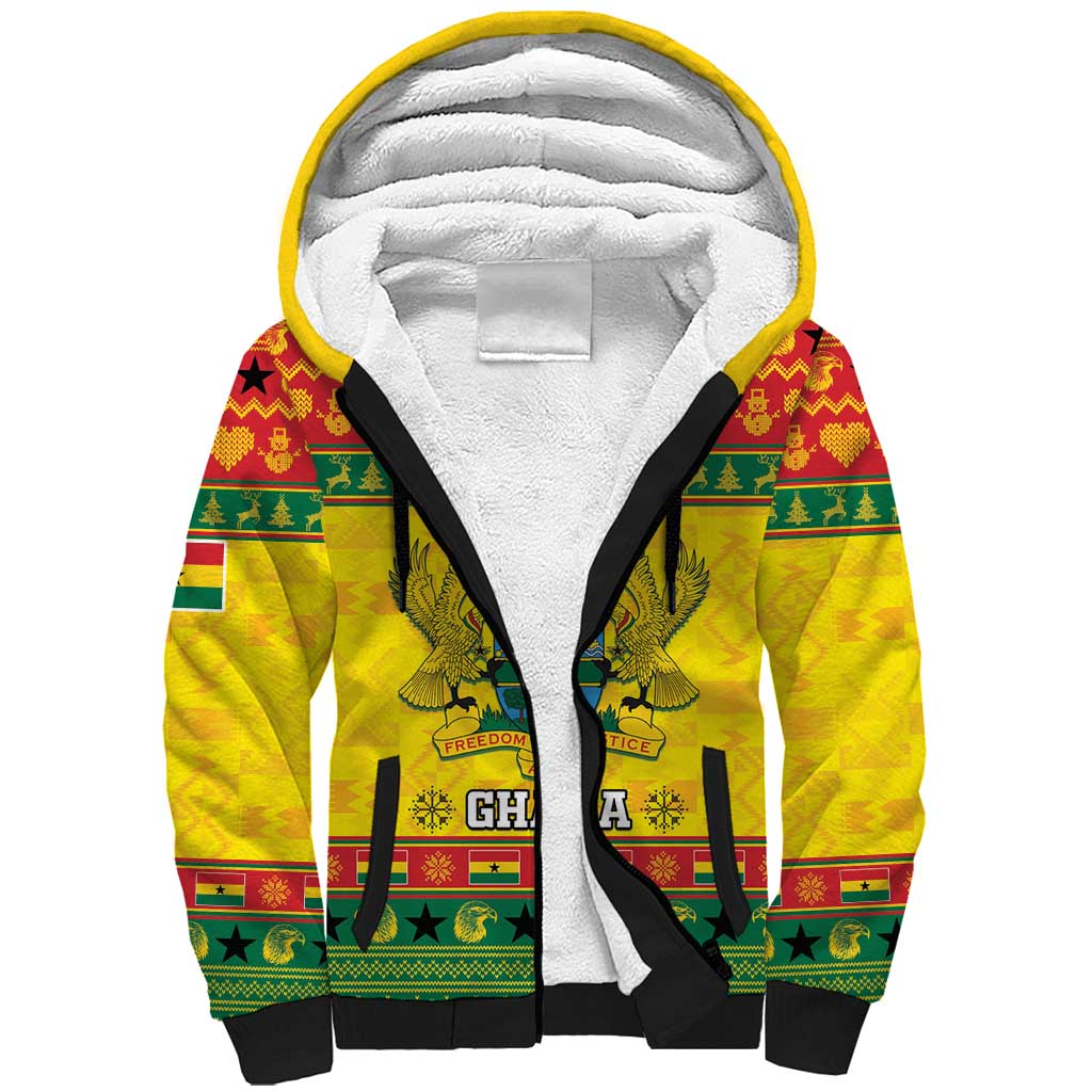 Afro Ghana Christmas Sherpa Hoodie Coat Of Arms - Kente Pattern