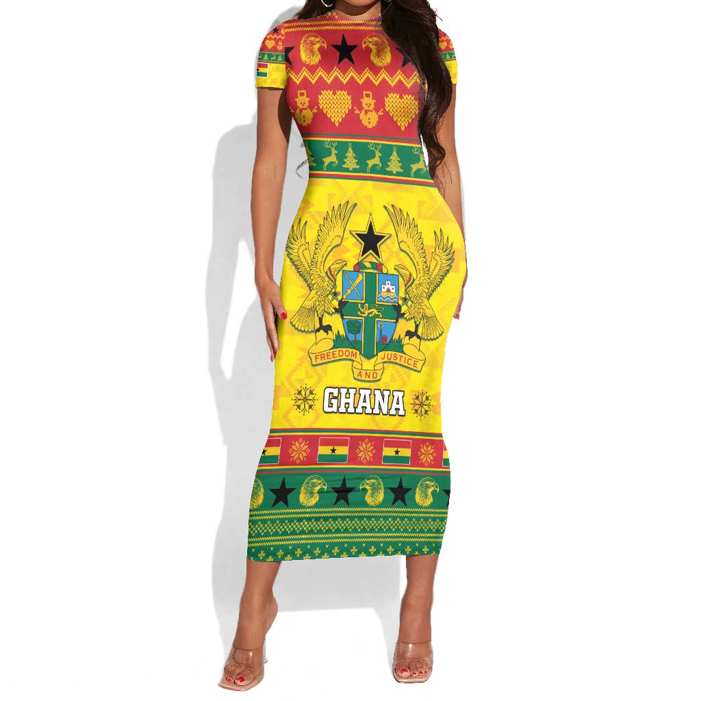 Afro Ghana Christmas Short Sleeve Bodycon Dress Coat Of Arms - Kente Pattern