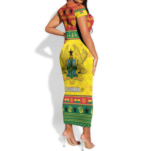 Afro Ghana Christmas Short Sleeve Bodycon Dress Coat Of Arms - Kente Pattern