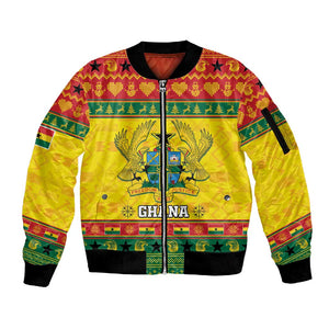 Afro Ghana Christmas Sleeve Zip Bomber Jacket Coat Of Arms - Kente Pattern