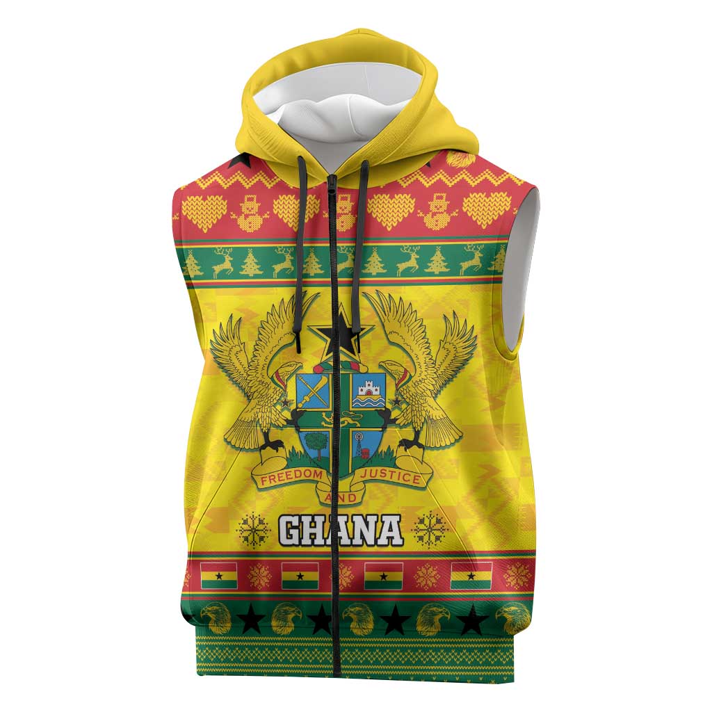 Afro Ghana Christmas Sleeveless Zip Hoodie Coat Of Arms - Kente Pattern - African Pride