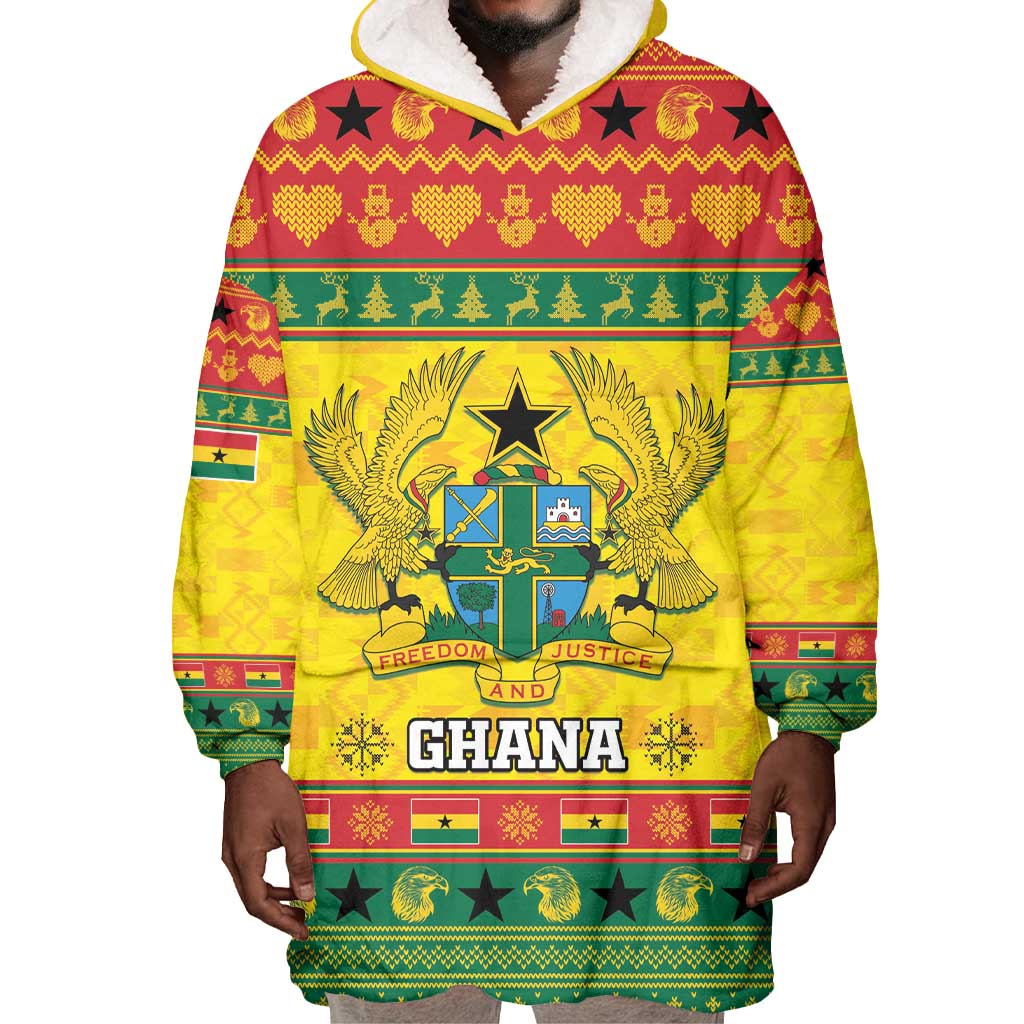 Afro Ghana Christmas Wearable Blanket Hoodie Coat Of Arms - Kente Pattern