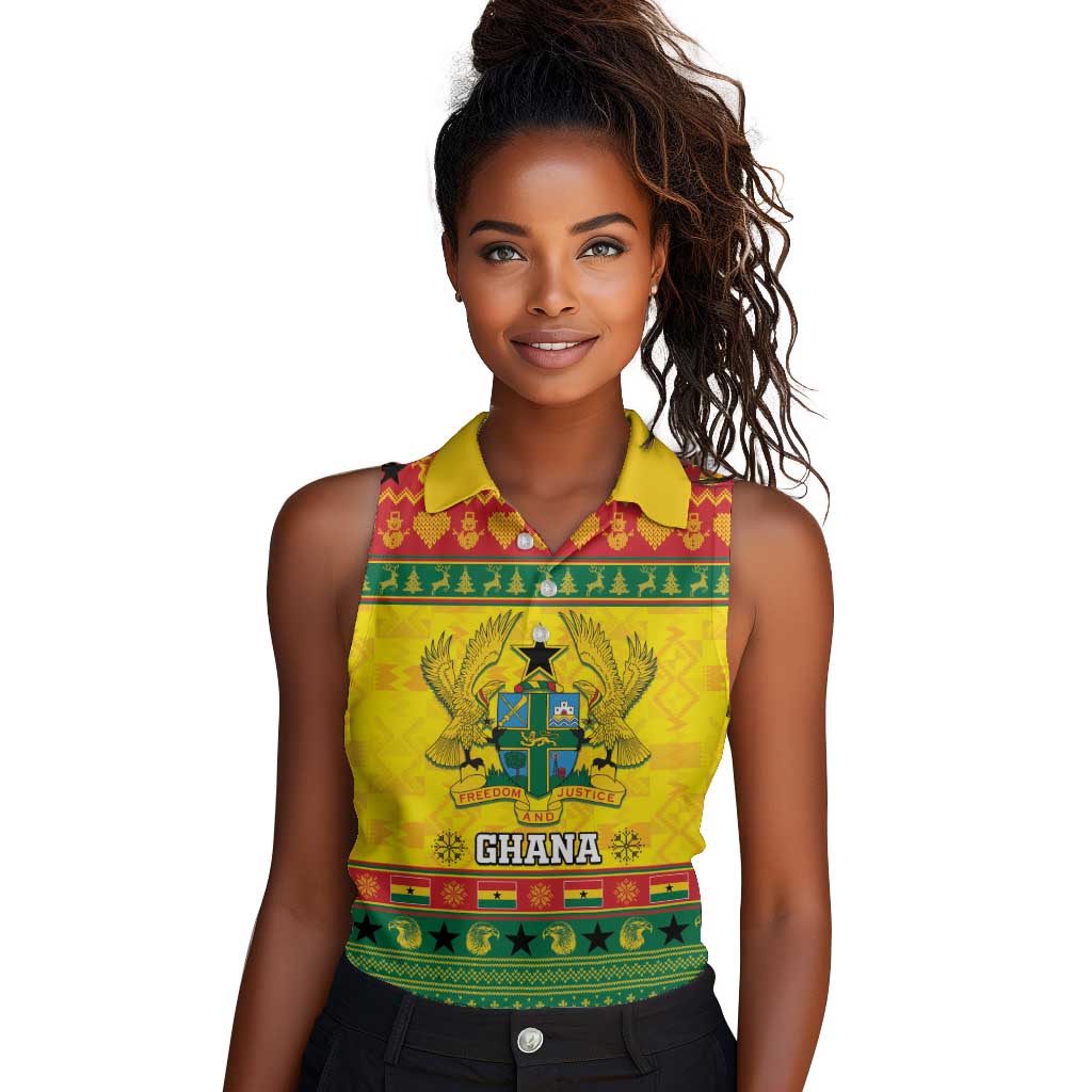 Afro Ghana Christmas Women Sleeveless Polo Shirt Coat Of Arms - Kente Pattern