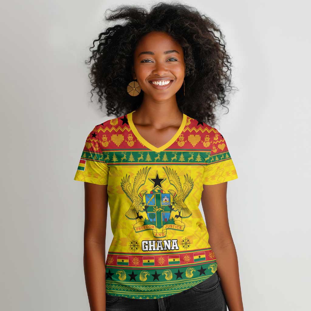 Afro Ghana Christmas Women V-Neck T-Shirt Coat Of Arms - Kente Pattern