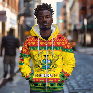 Afro Ghana Christmas Zip Hoodie Coat Of Arms - Kente Pattern