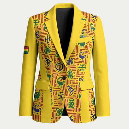 Custom Ghana Football Blazer Yellow Adinkra Pattern - African Pride