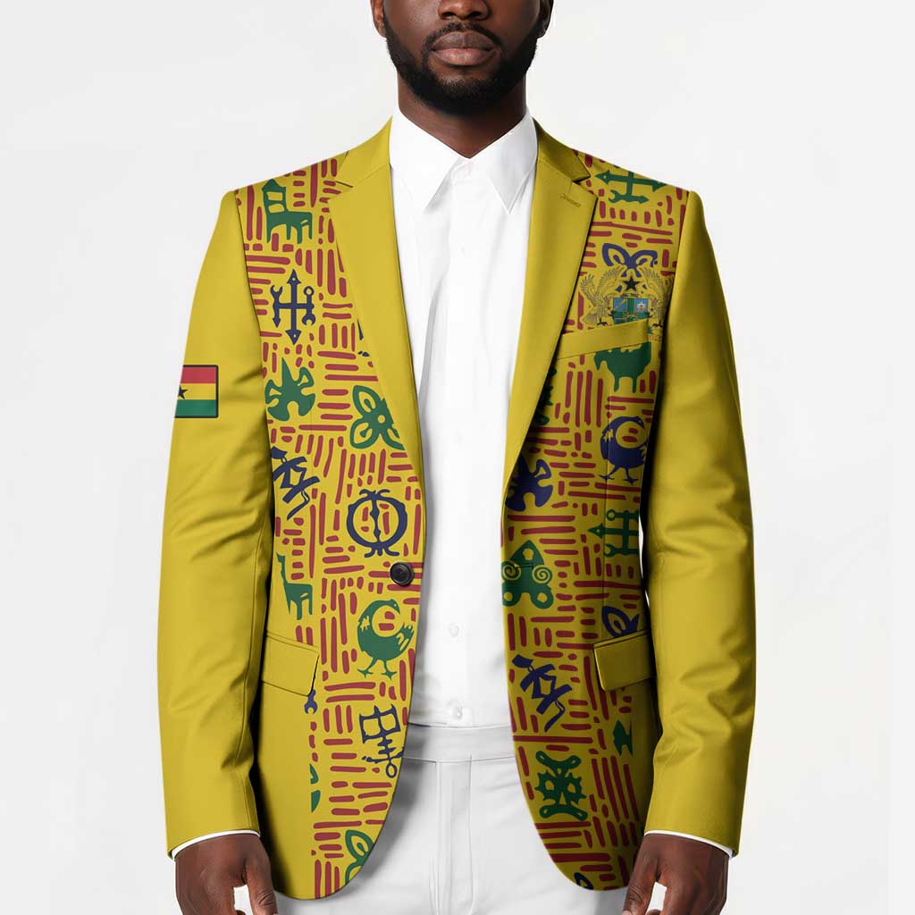 Custom Ghana Football Blazer Yellow Adinkra Pattern - African Pride