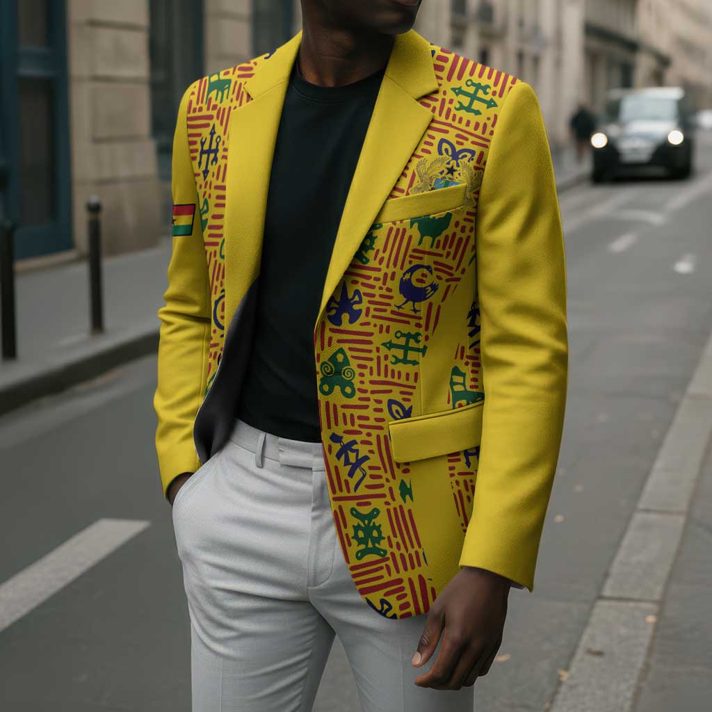 Custom Ghana Football Blazer Yellow Adinkra Pattern - African Pride