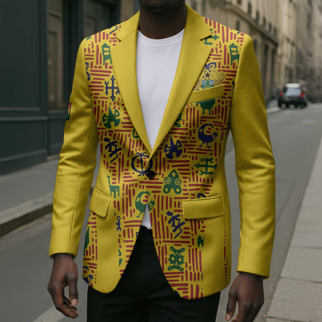 Custom Ghana Football Blazer Yellow Adinkra Pattern - African Pride