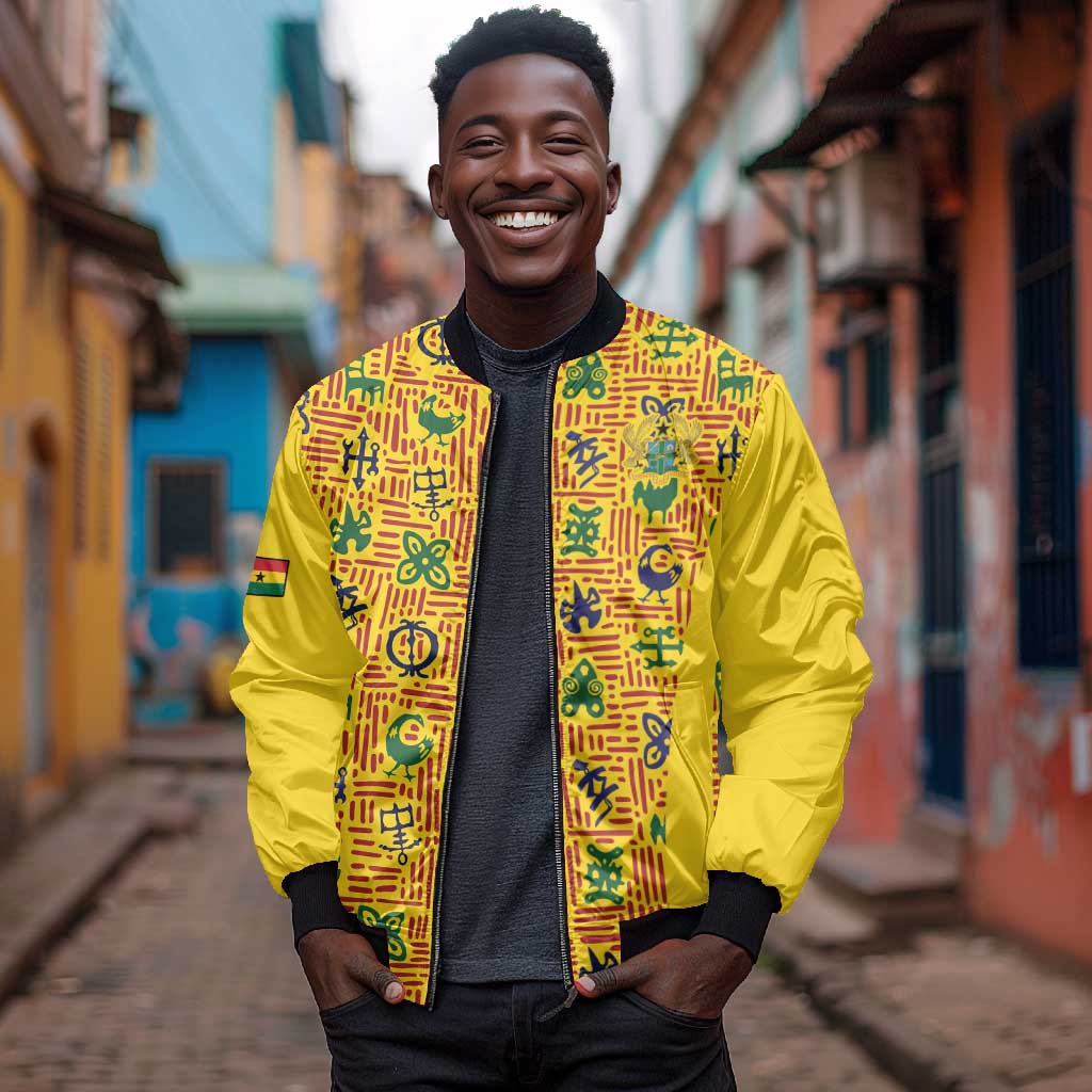 Custom Ghana Football Bomber Jacket Yellow Adinkra Pattern - African Pride