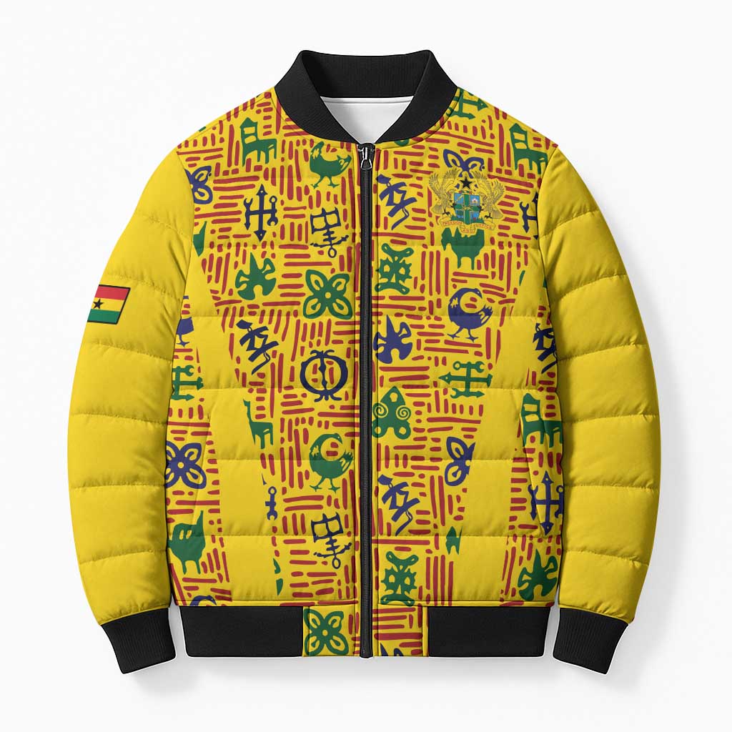 Custom Ghana Football Bomber Puffer Jacket Yellow Adinkra Pattern - African Pride