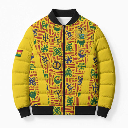 Custom Ghana Football Bomber Puffer Jacket Yellow Adinkra Pattern - African Pride