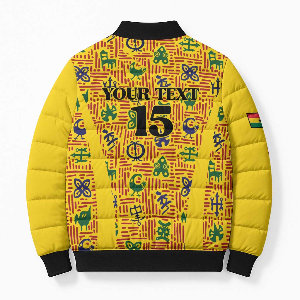 Custom Ghana Football Bomber Puffer Jacket Yellow Adinkra Pattern - African Pride