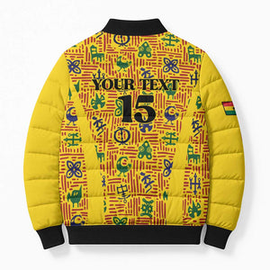 Custom Ghana Football Bomber Puffer Jacket Yellow Adinkra Pattern - African Pride
