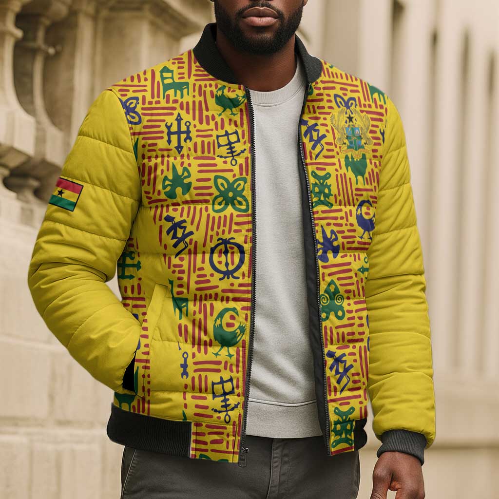 Custom Ghana Football Bomber Puffer Jacket Yellow Adinkra Pattern - African Pride