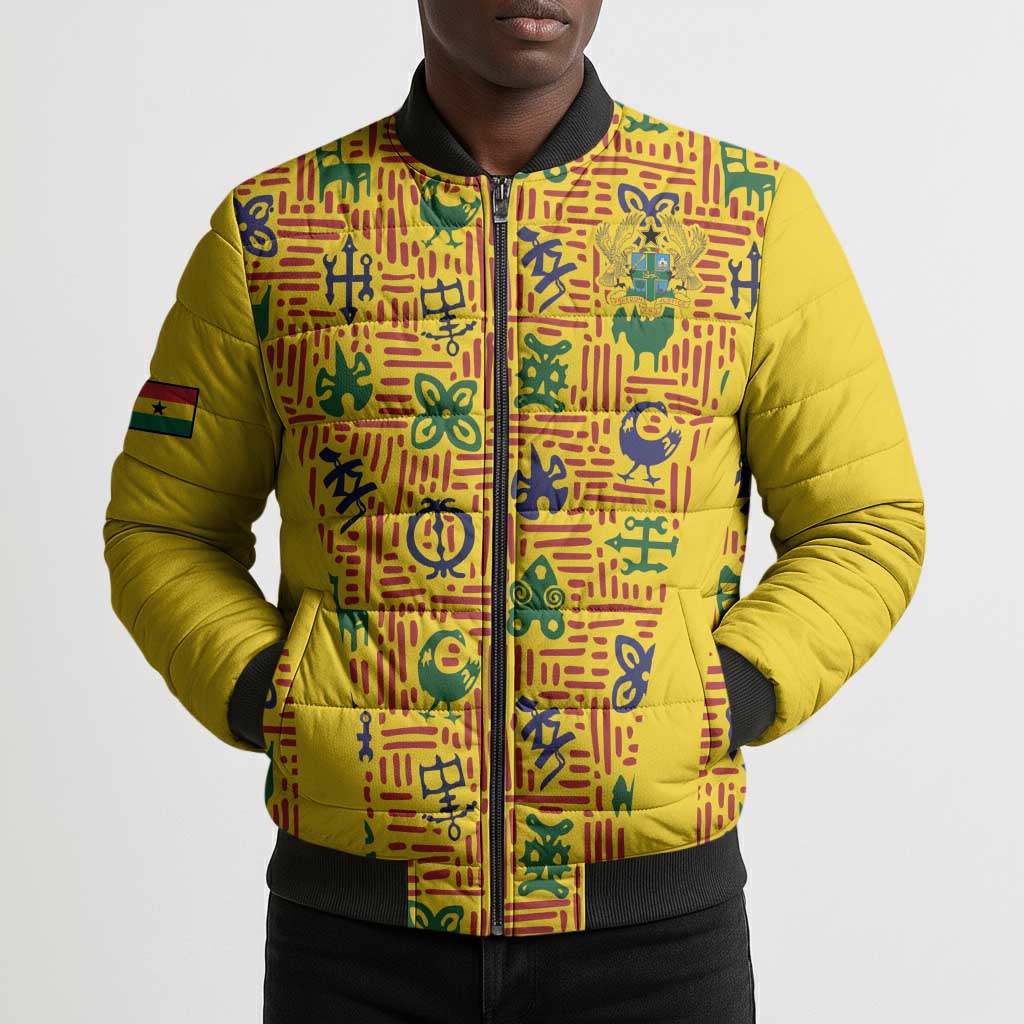 Custom Ghana Football Bomber Puffer Jacket Yellow Adinkra Pattern - African Pride