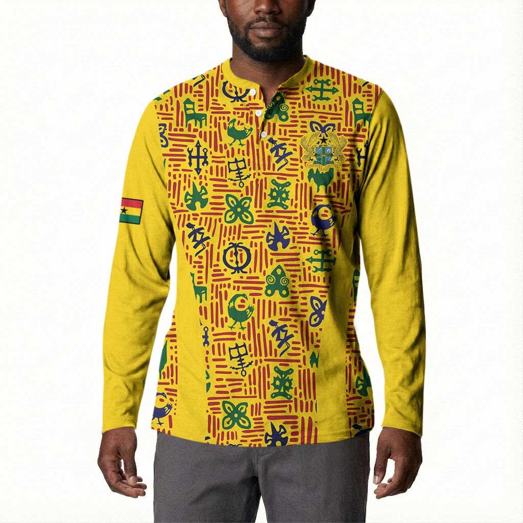 Custom Ghana Football Button Sweatshirt Yellow Adinkra Pattern