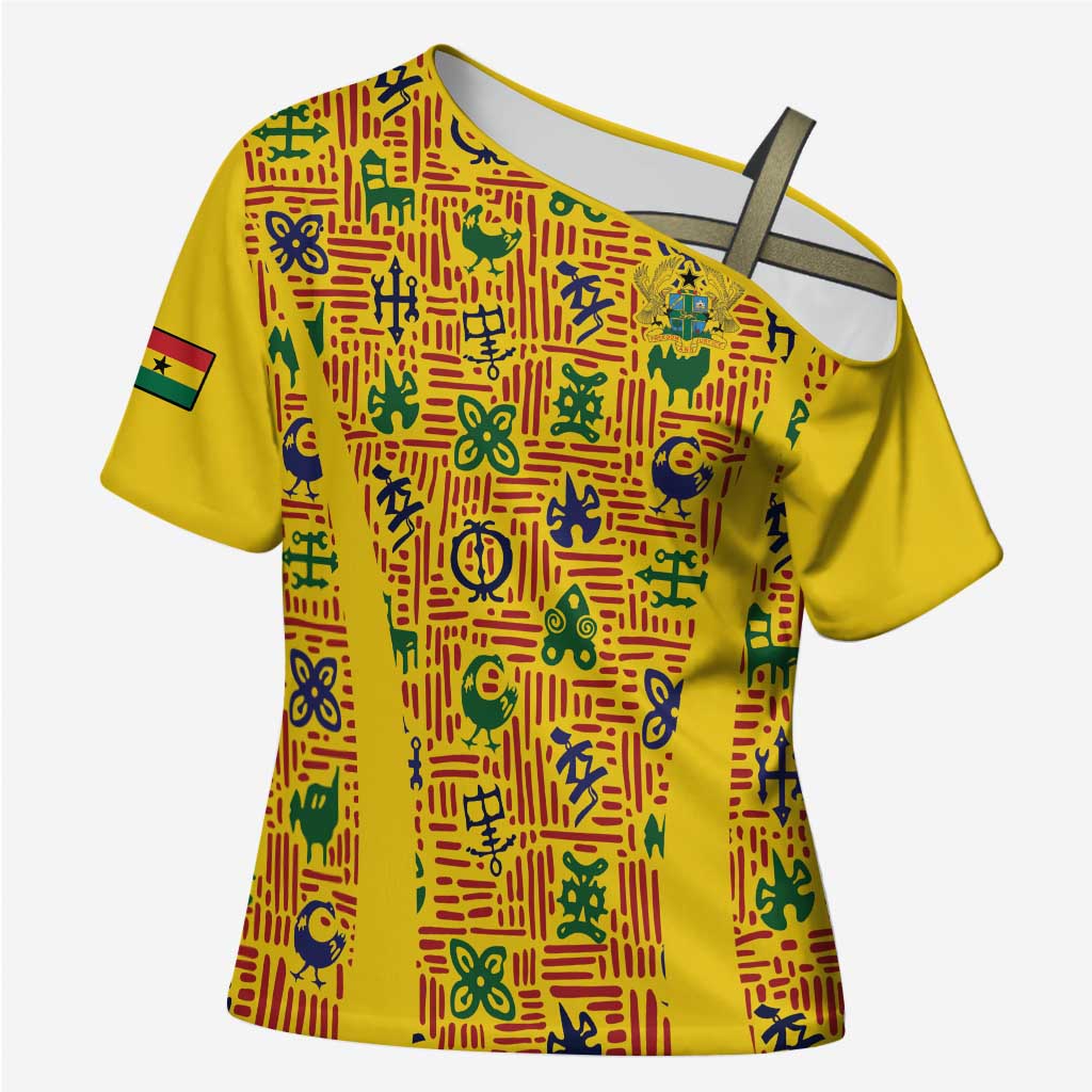 Custom Ghana Football Cross Shoulder Shirt Yellow Adinkra Pattern - African Pride