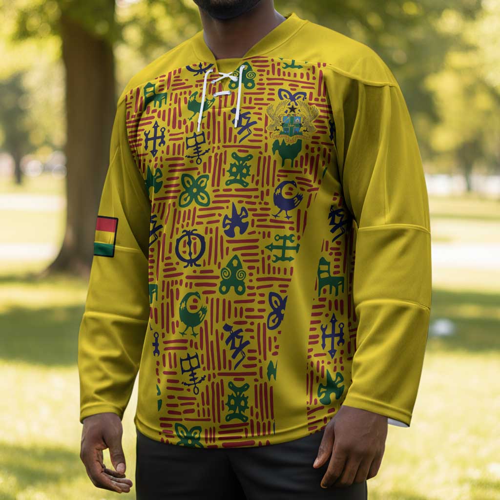 Custom Ghana Football Hockey Jersey Yellow Adinkra Pattern - African Pride