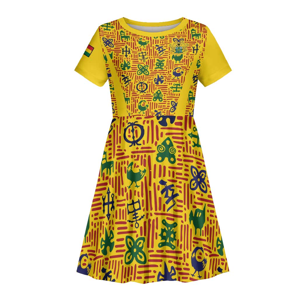 Custom Ghana Football Kid Short Sleeve Dress Yellow Adinkra Pattern LT15