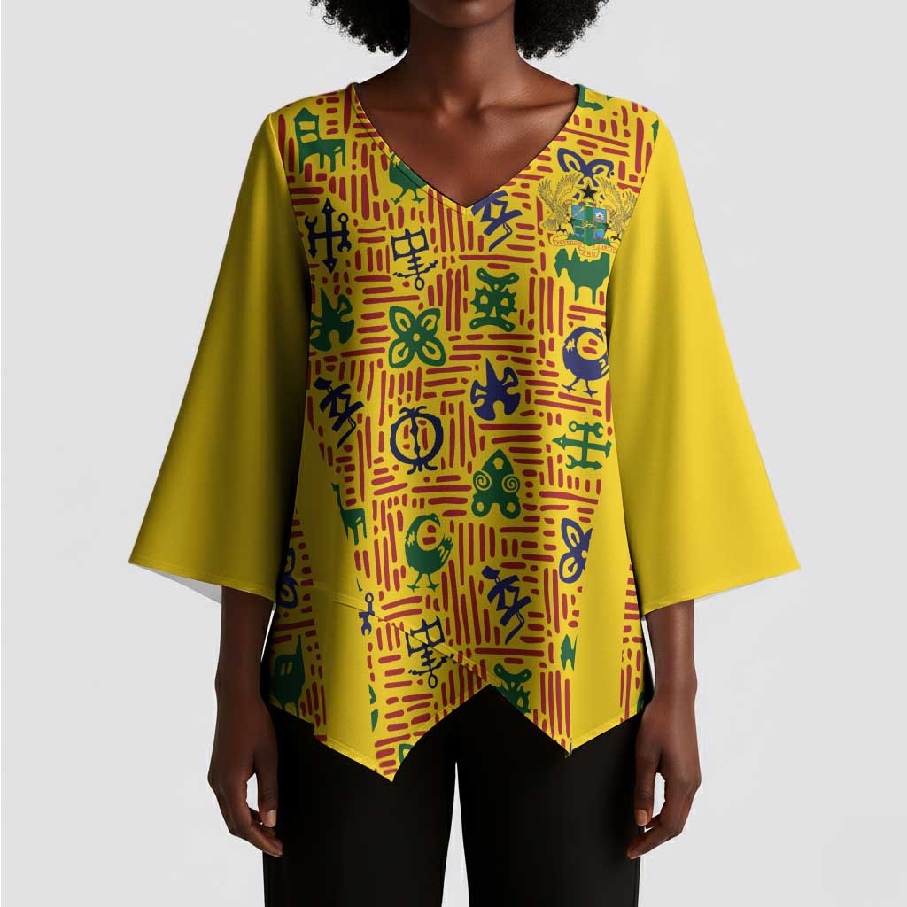 Custom Ghana Football Kimono Sleeve Blouse Yellow Adinkra Pattern - African Pride
