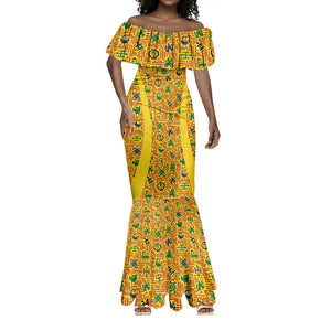Custom Ghana Football Mermaid Dress Yellow Adinkra Pattern LT15