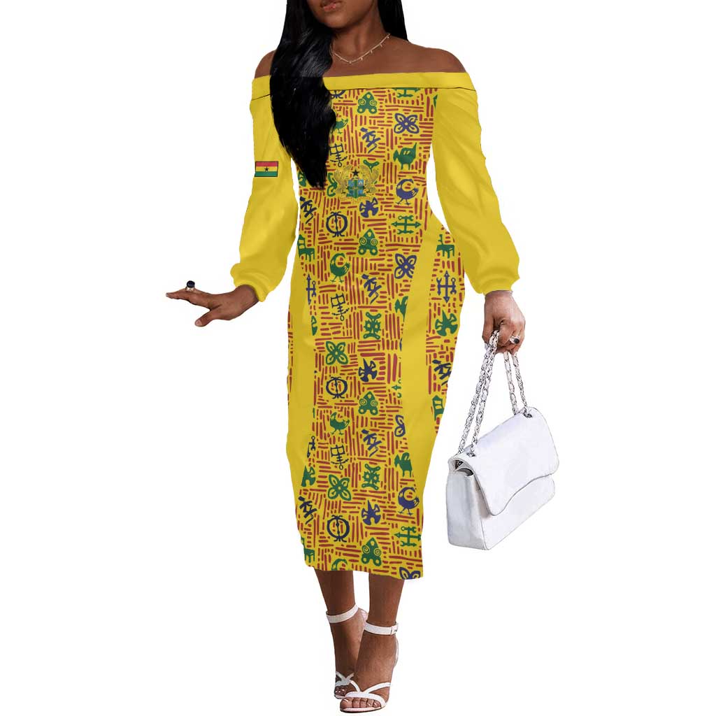 Custom Ghana Football Off The Shoulder Long Sleeve Dress Yellow Adinkra Pattern - African Pride