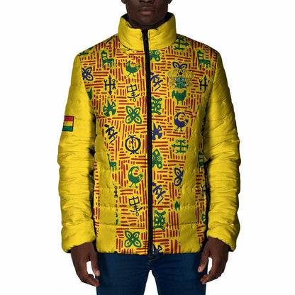 Custom Ghana Football Padded Jacket Yellow Adinkra Pattern - African Pride