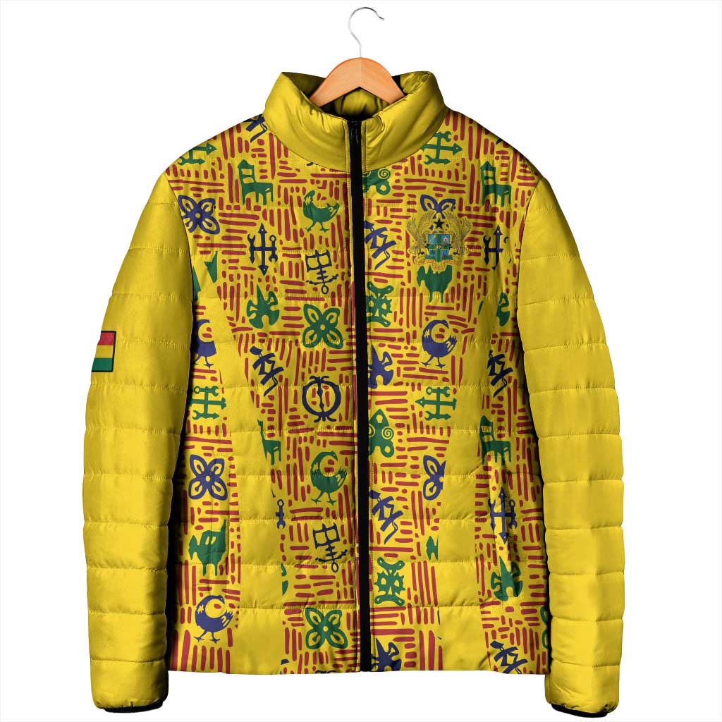 Custom Ghana Football Padded Jacket Yellow Adinkra Pattern - African Pride