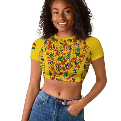Custom Ghana Football Raglan Cropped T shirt Yellow Adinkra Pattern LT15
