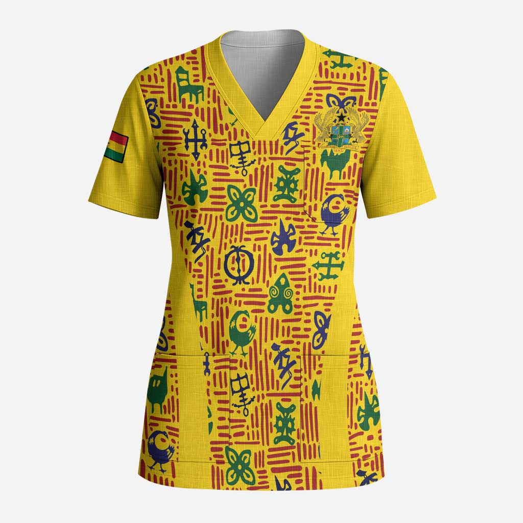Custom Ghana Football Scrub Top Yellow Adinkra Pattern - African Pride