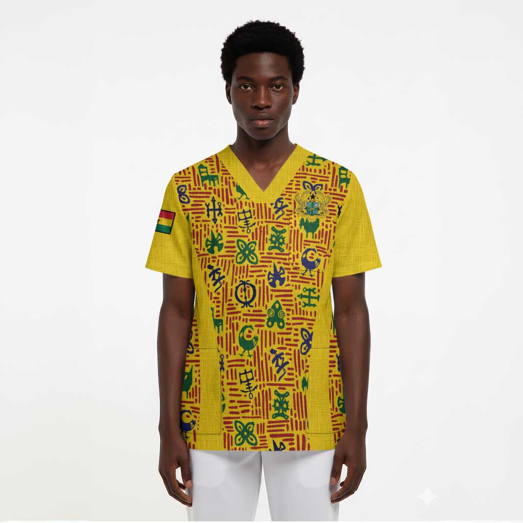 Custom Ghana Football Scrub Top Yellow Adinkra Pattern - African Pride