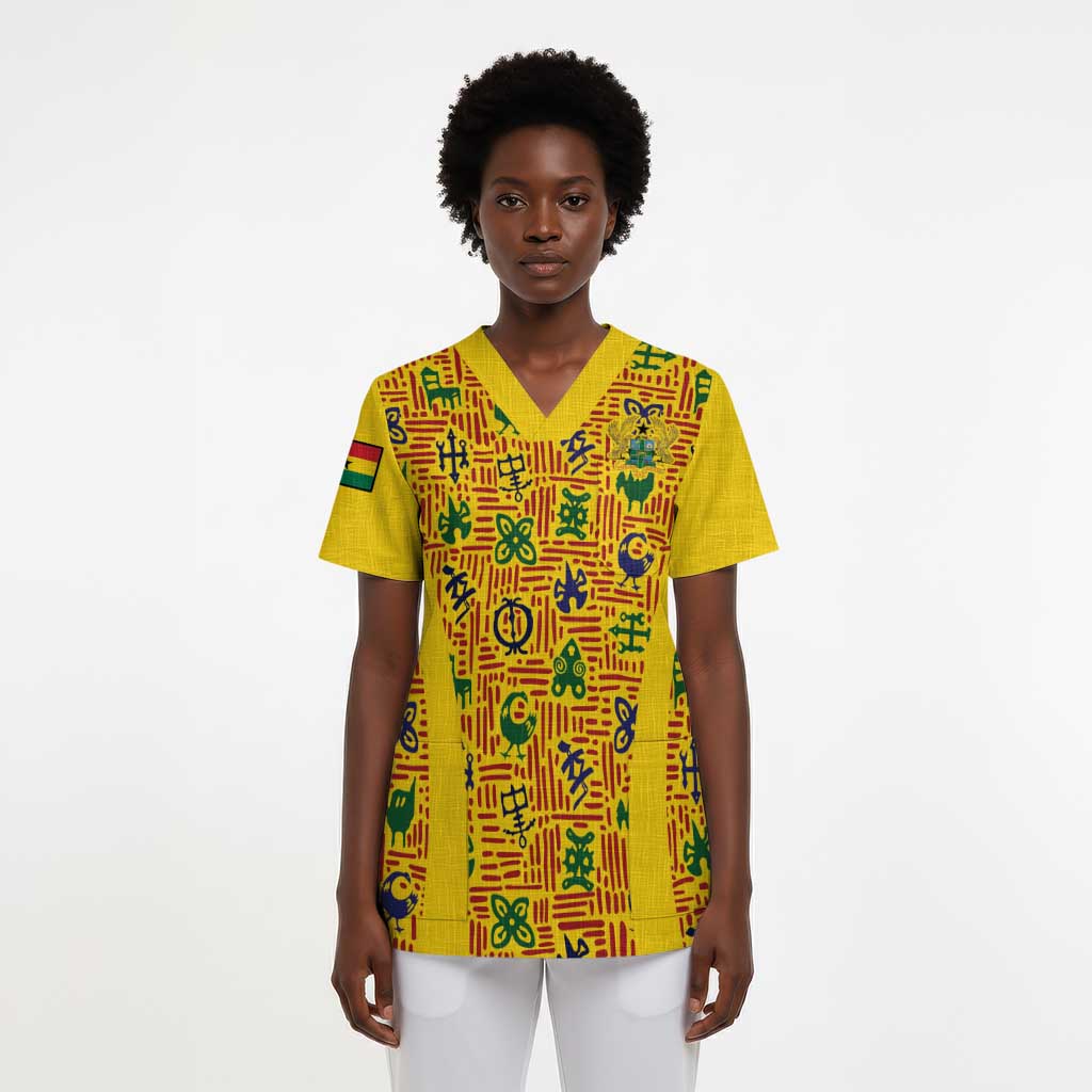 Custom Ghana Football Scrub Top Yellow Adinkra Pattern - African Pride