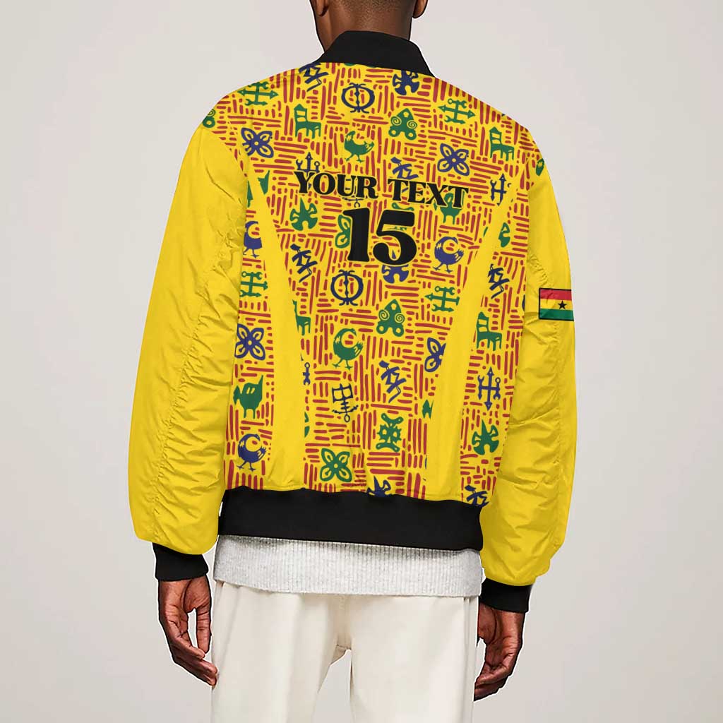 Custom Ghana Football Sleeve Zip Bomber Jacket Yellow Adinkra Pattern - African Pride