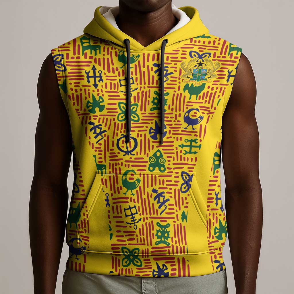 Custom Ghana Football Sleeveless Hoodie Yellow Adinkra Pattern - African Pride
