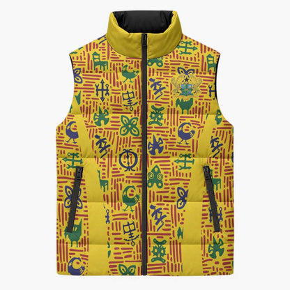 Custom Ghana Football Sleeveless Puffer Jacket Yellow Adinkra Pattern - African Pride