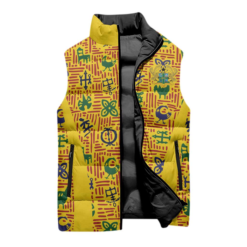 Custom Ghana Football Sleeveless Puffer Jacket Yellow Adinkra Pattern - African Pride