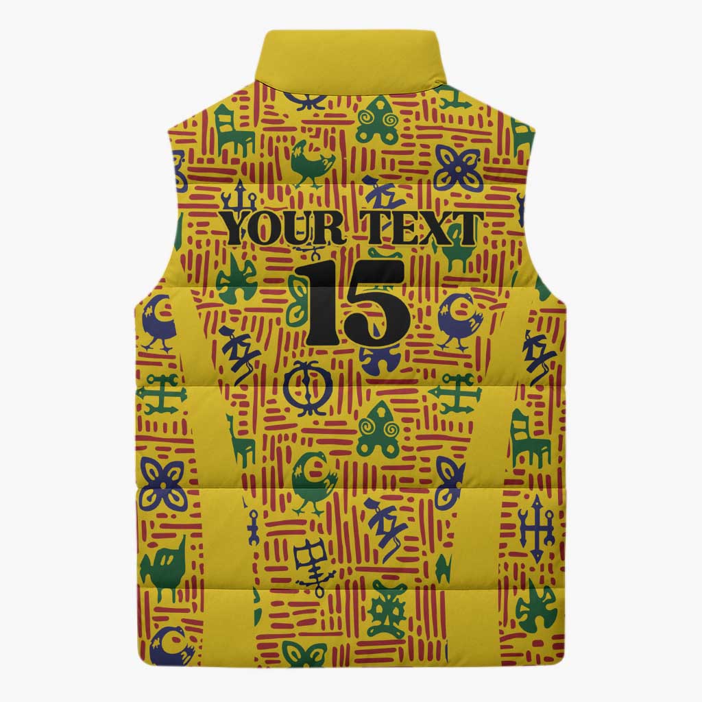 Custom Ghana Football Sleeveless Puffer Jacket Yellow Adinkra Pattern - African Pride