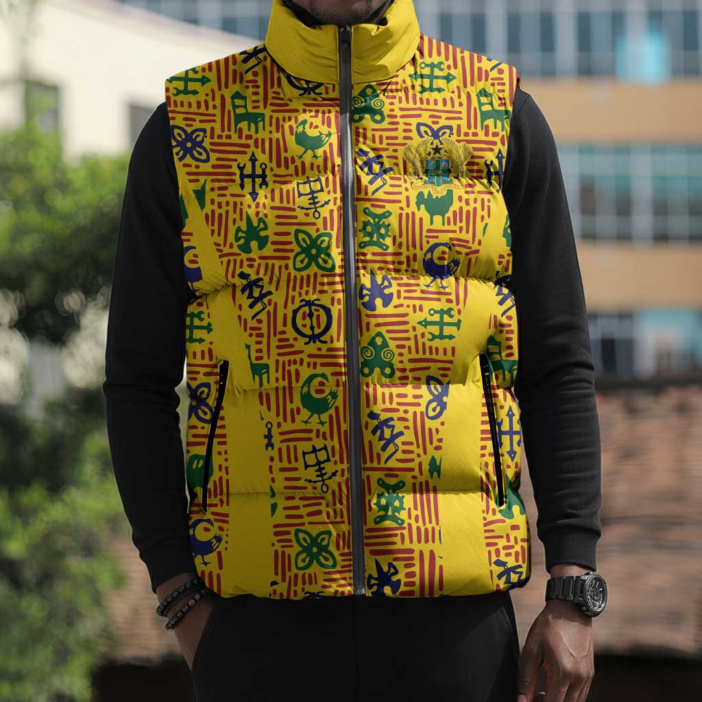 Custom Ghana Football Sleeveless Puffer Jacket Yellow Adinkra Pattern - African Pride