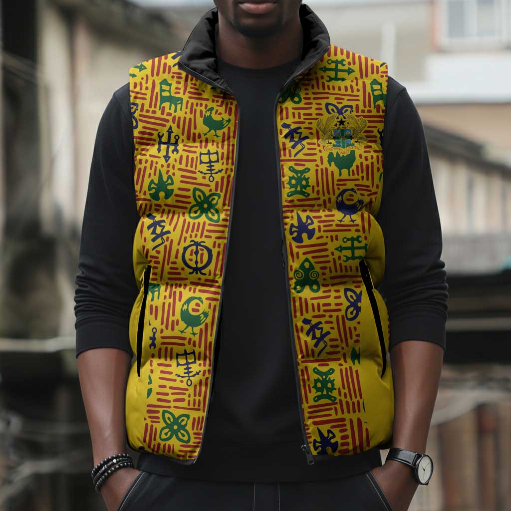 Custom Ghana Football Sleeveless Puffer Jacket Yellow Adinkra Pattern - African Pride