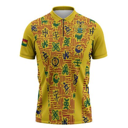 Custom Ghana Football Zipper Polo Shirt Yellow Adinkra Pattern - African Pride