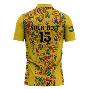 Custom Ghana Football Zipper Polo Shirt Yellow Adinkra Pattern - African Pride