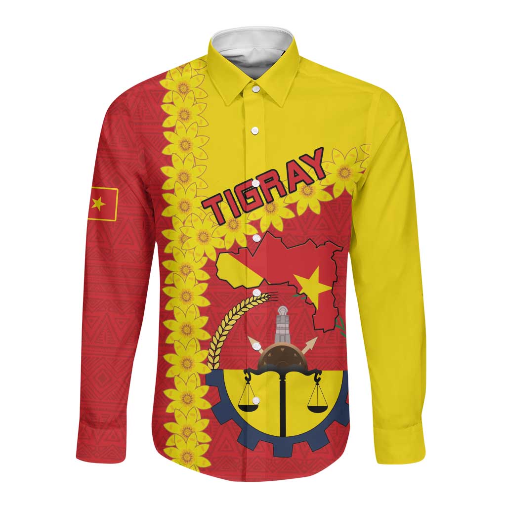 Tigray Ethiopia Long Sleeve Button Shirt Tigray Seal With Flag Map - African Pattern