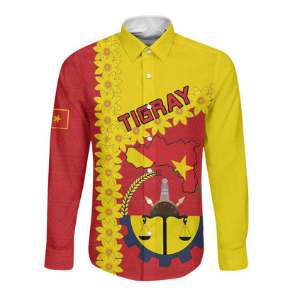 Tigray Ethiopia Long Sleeve Button Shirt Tigray Seal With Flag Map - African Pattern